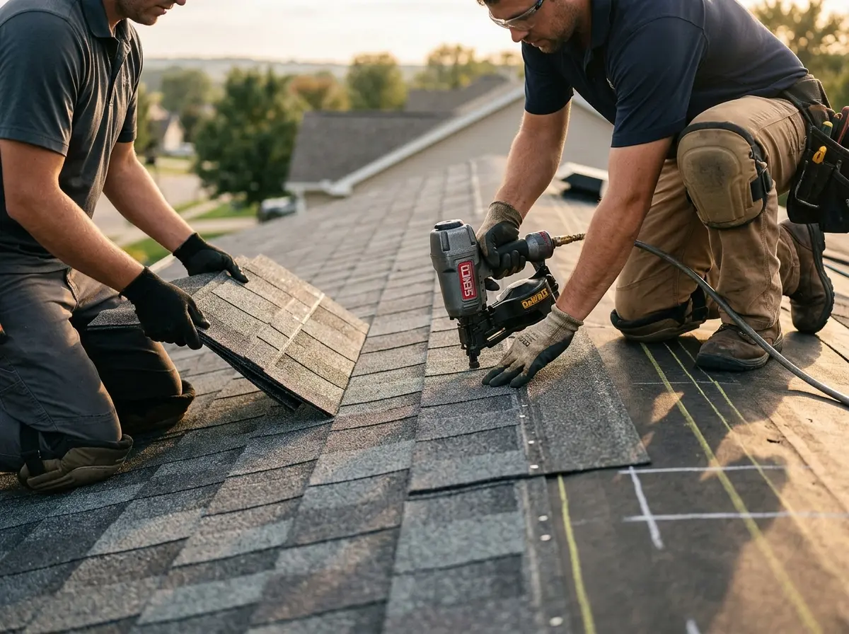 Professional roofer working on a residential roof in West Boylston